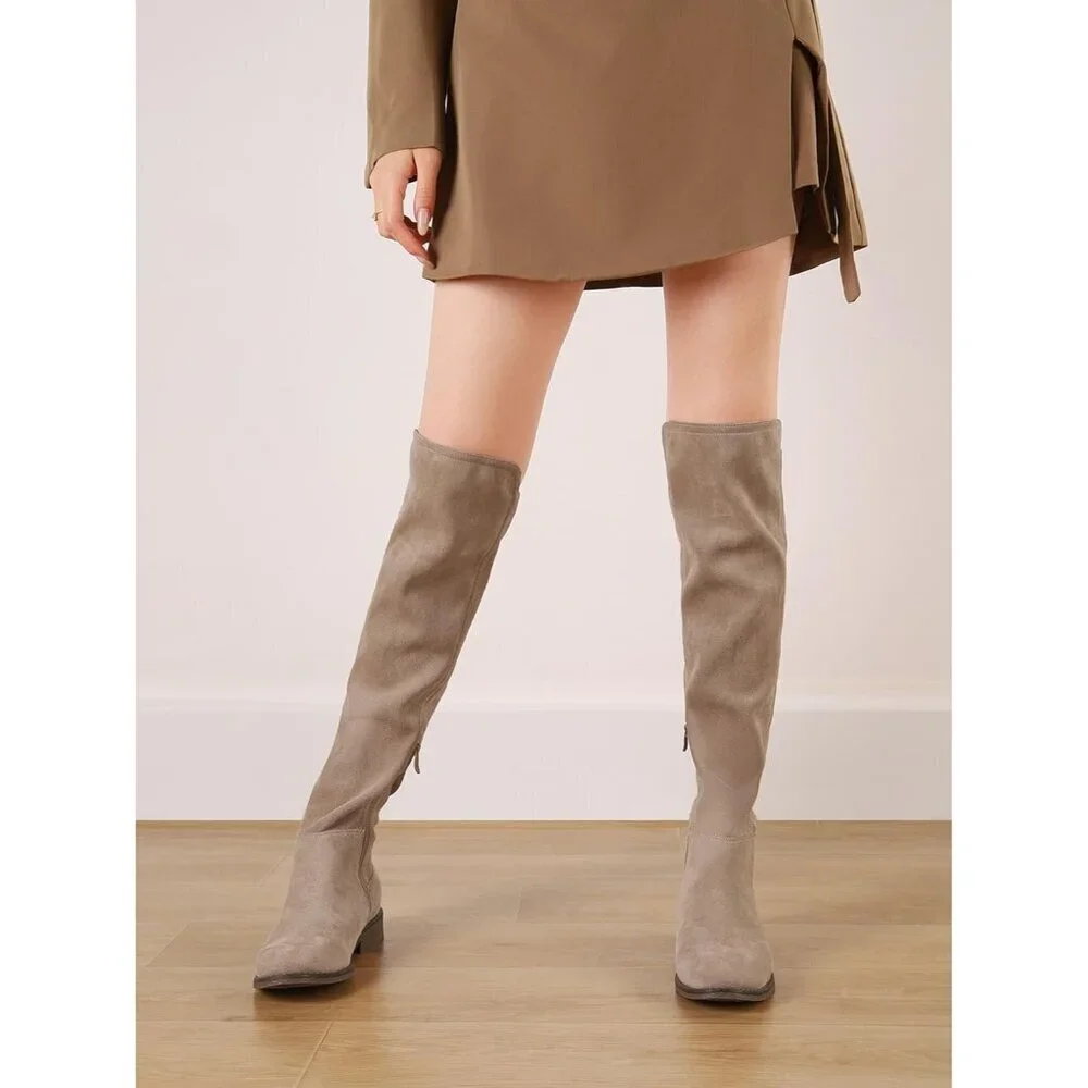 Women Khaki Suede Thigh High Over The Knee Flat Low Heel Long Round Toe Boots